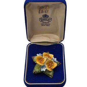 Vtg Langley Bone China England Daffodil Brooch Boxed Yellow Flower Porcelain Pin